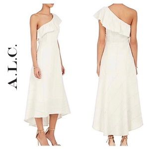 NWT A.L.C. One Shoulder Linen Silk Ruffle Overlay Midi Dress Ecru Navy Stripe